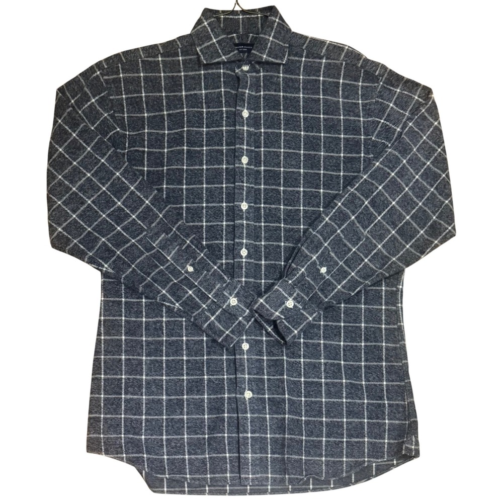 Proper Cloth Windowpane Check Cotton Flannel Button Down Shirt Navy Mens 16.5 L